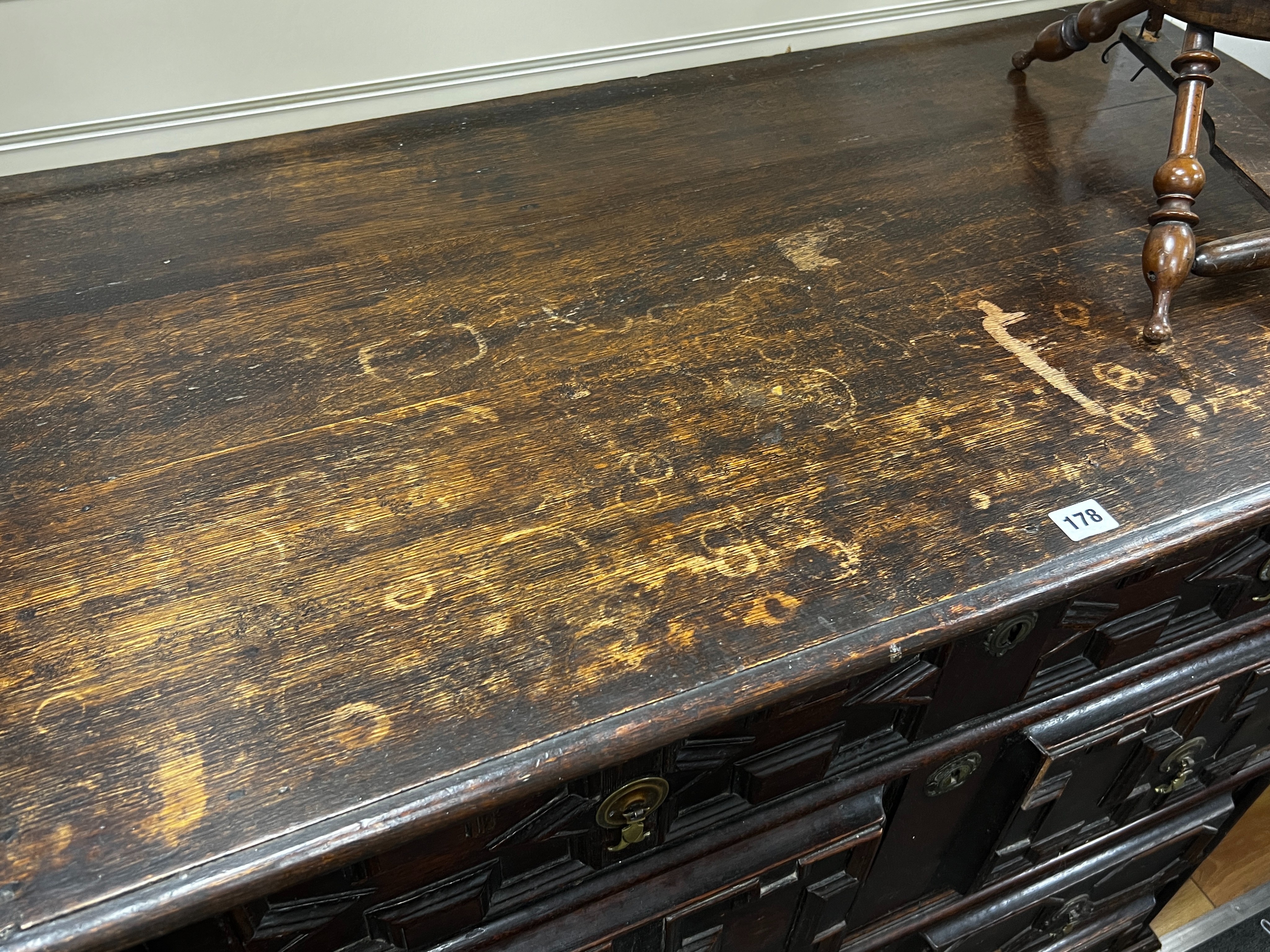 A 17th century oak chest of drawers, length 111cm, depth 58cm, height 103cm